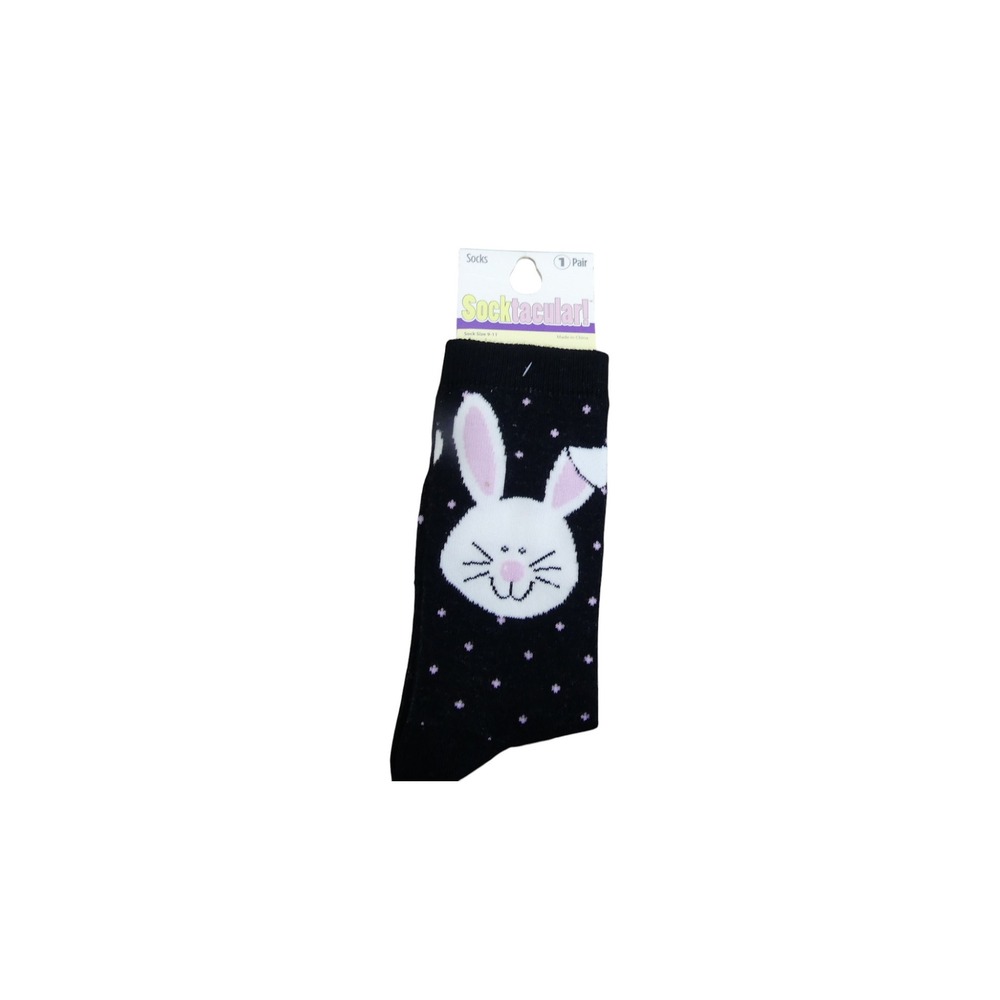 Socktacular! Crew Socks Women 9-11 Black New Bunny Rabbit Polka Dot Fun Novelty